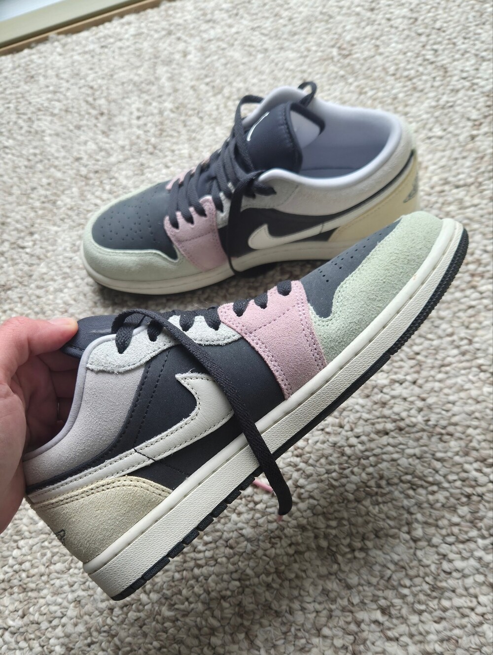 Air Jordan-1's Low-Top Sneakers in Black, Pink, Cream & Light Green
